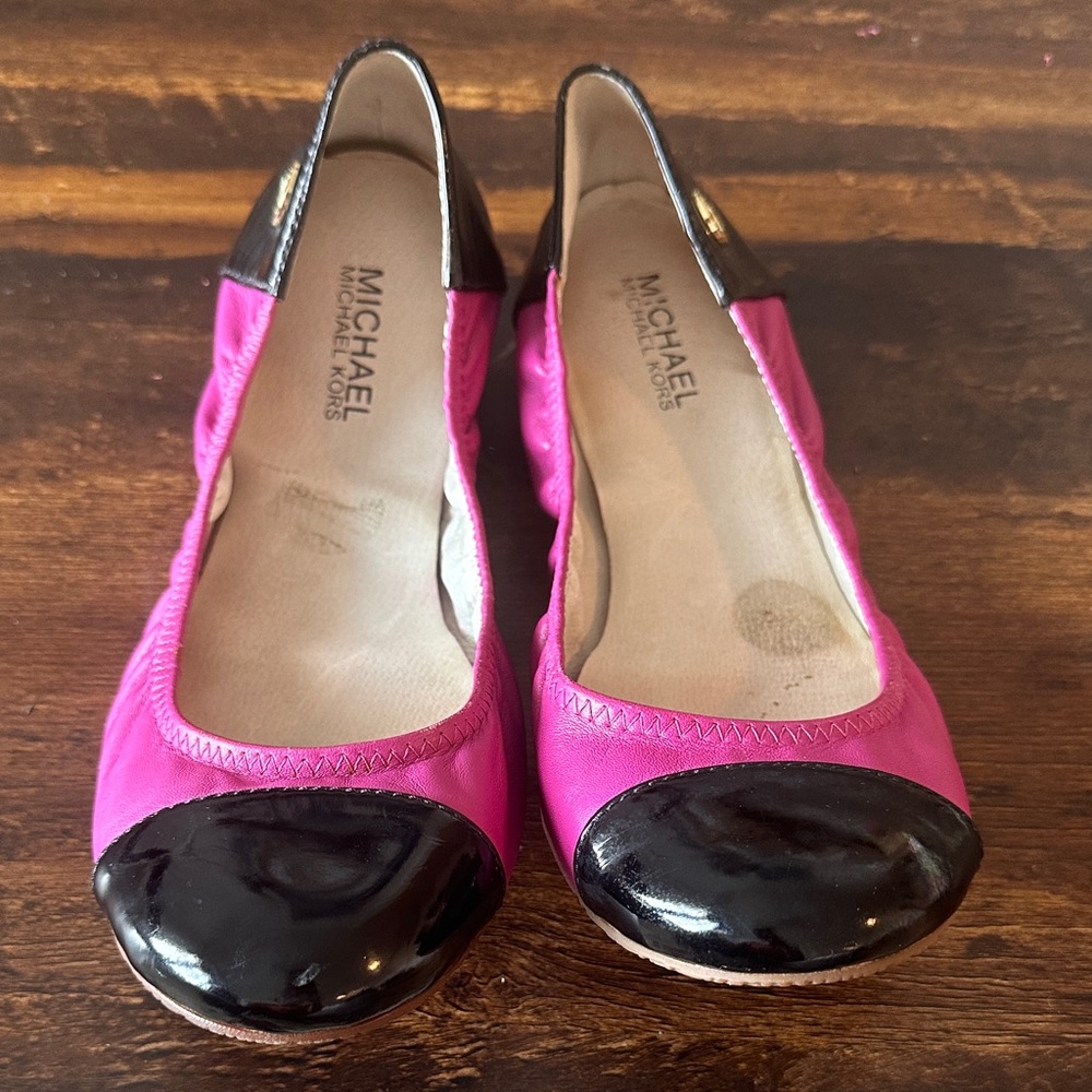 Michael Kors Hot Pink Flats with Black Patent Cap Toe